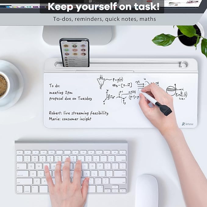Varhomax Glass Desk Whiteboard with Storage, Desktop Organizer to-do List Memo Notepad Dry Erase White Board for Home Office and School Supplies (White)