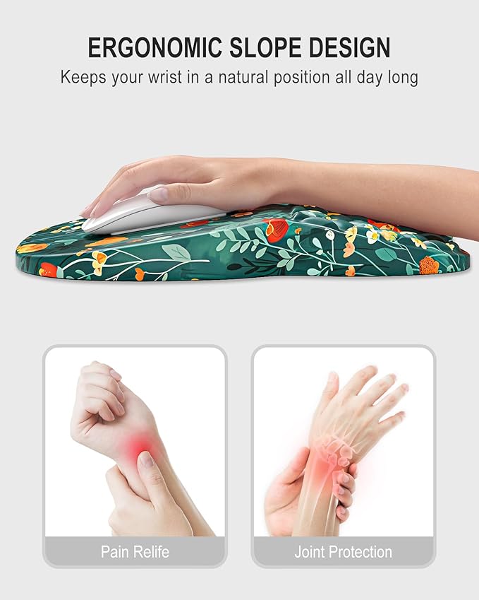 Auhoahsil Ergonomic Mouse Pad with Wrist Rest, Slope Computer Mouse Mat with Wrist Support, Memory Foam Filling, Non-Slip Silicone Base, Pain Relief, for Gaming & Work, 8 x 12 in, Green Flowers