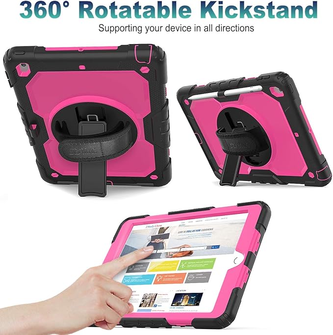 SEYMAC stock Case for iPad 9th/ 8th/ 7th Generation 10.2'', Shockproof with Screen Protector, Pencil Holder [360° Rotating Hand Strap] & Stand, for iPad 10.2 inch 2021-2019 (Rose+Black)