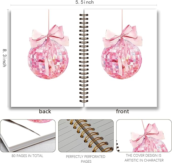 Coquette Pink Notebook Journal,Funky Retro Pink Coquette Bow Disco Ball Preppy Aesthetic Journal Notebook for Note Taking, Cute Girly Notebook,Pink Office Supplies,Spiral Notebook 5.5x8.3 Inch