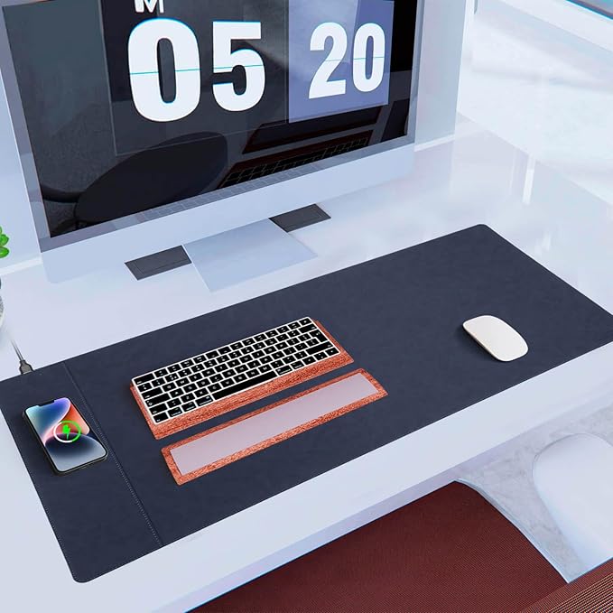 Magnetic 15W Fast Wireless Charging Desk Pad, 35.4"x16.8" Extra Large Mouse Pad, Microfiber Leather Office Desk Mat, Waterproof and Scratch-Resistant Mouse Mat for Office and Home Use,Blue