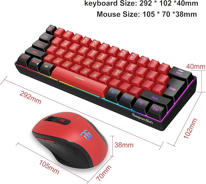 Snpurdiri 2.4G Wireless Gaming Keyboard and Mouse Combo, 60 Percent Wireless Keyboard and Ergonomic Vertical Feel Small Mouse (Black and Red)