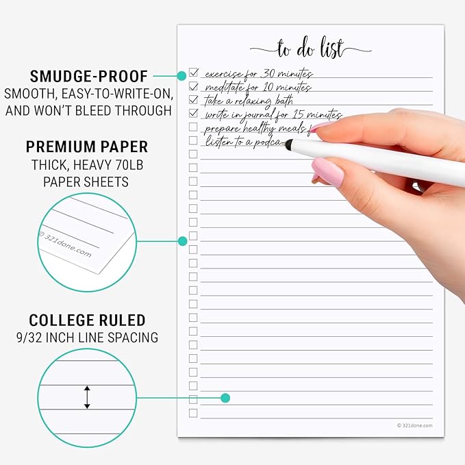321Done To Do List Notepad, Made in USA - 5.5x8.5, Simple Checklist, Cute Modern Design for Organizing, Planning, College Ruled, Thick Heavy Paper - 50 Sheets