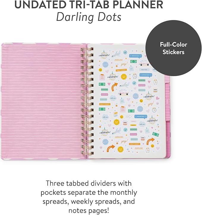 Orange Circle Studio Undated Tri-Tab Academic Planner 2026, Darling Dots, Daily Notebook Journal, Cute Weekly and Monthly Calendar with Pocket, Stickers, Lined Pages for To Do lists and Planning