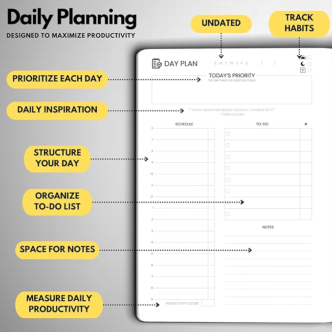 Undated Daily Planner – 6-Month A5 Productivity Organizer with Full Page Per Day, Hourly Schedule, Goal Setting, Habit Tracker, Weekly & Monthly Pages – Hardcover Time Management Notebook (Black)