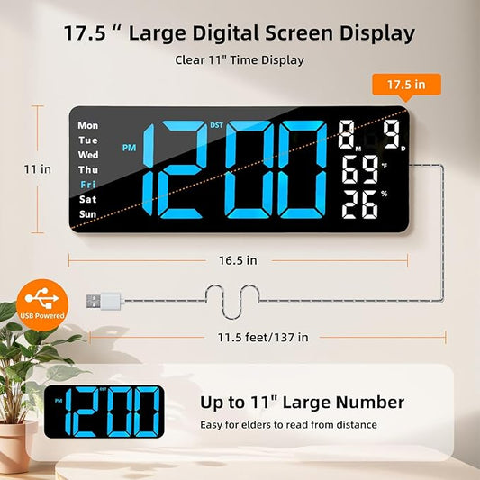 17.5” Digital Wall Clock, LED Display with Time, Date, Month, Temperature & Humidity, Remote Control DST, Alarm, Timer, 10-Level Brightness, Night Light for Home, Living Room, Bedroom & Office Décor