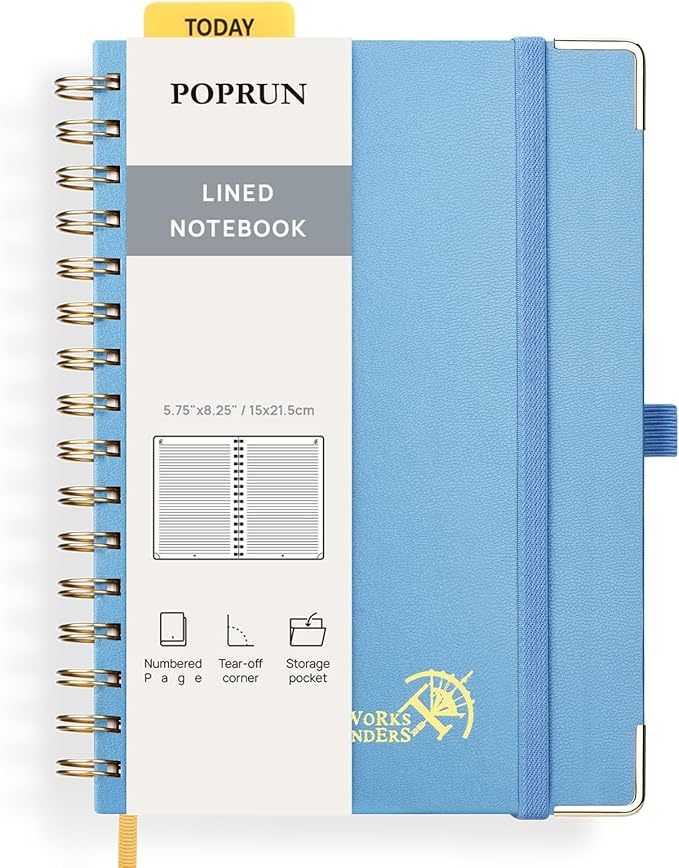 POPRUN Lined Spiral Journal Notebook, [A5-5.75'' x 8.25''] - 120 GSM Thick Paper, 141 Numbered Pages, College Ruled Notebook for Men & Women with Pocket, Index Tabs, 8 Perforated Sheets, Haze Blue