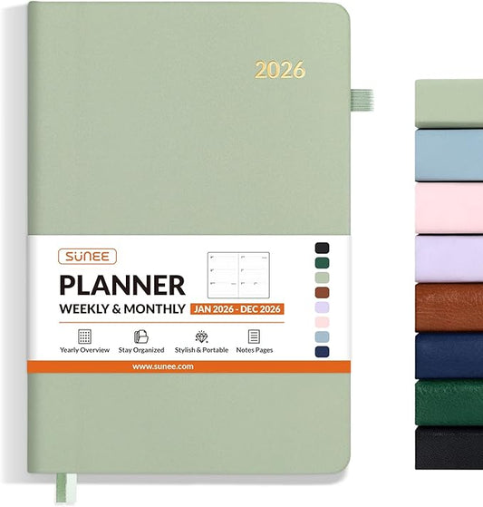 SUNEE 2026 Weekly & Monthly Hardcover Planner 5.5" x 8.3" - 12 Month (January 2026 - December 2026), Small Hardcover Planner, Pocket, Notes, 100 GSM Paper, Sage Green