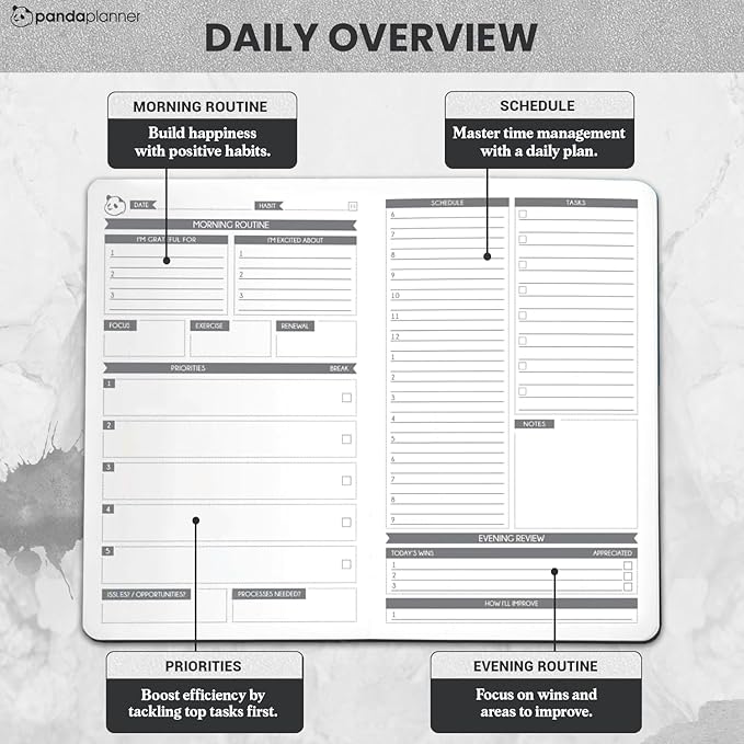 Panda Planner Undated Daily Planner - 90 Day Organization - Productivity For Entrepenuers - Set Goals - Bonus Weekly & Monthly Agenda - Grey - Hardcover