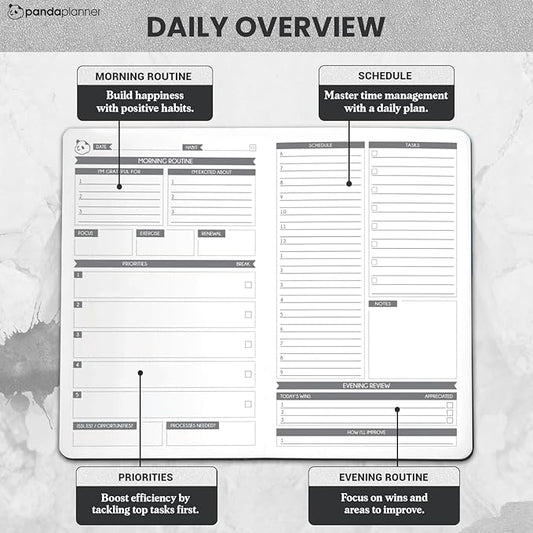 Panda Planner Undated Daily Planner - 90 Day Organization - Productivity For Entrepenuers - Set Goals - Bonus Weekly & Monthly Agenda - Grey - Hardcover