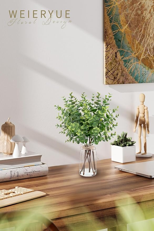 Artificial Eucalyptus Stems in Glass Vase with Faux Water,Artificial Plants Eucalyptus Leaves for Shelf Desk Bathroom Farmhouse Room Coffee Table Home Decor, Central Decoration.