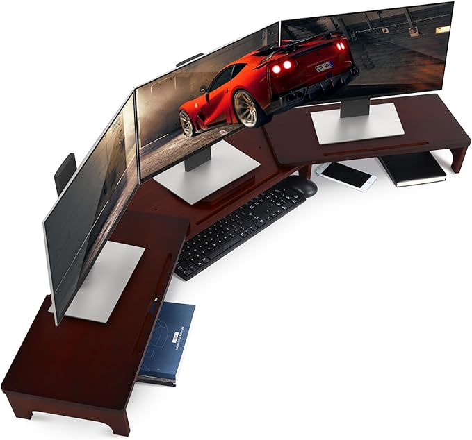 Nnewvante Large Dual Monitor Stand Riser, 60 inch Bamboo Monitor Stand with Adjustable Length and Angle, 3 Shelves Desktop Screen Riser for Computer Laptop PC, Walnut
