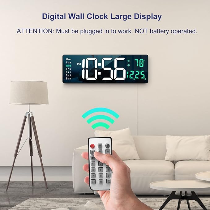 Digital Wall Clock Large Display, 16" with Remote Control for Living Room Gym Shop Warehouse Office Garage Decor, Auto Brightness Dimmer Reloj De Pared with Date Week Temp (Green)