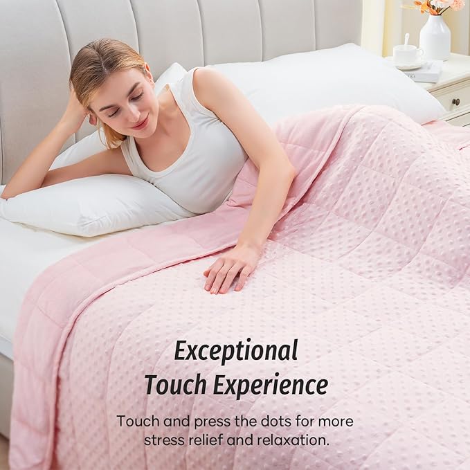 Wemore Minky Dot Weighted Blanket for Adults Queen Size 15 lbs, Soft Cozy Heavy Blanket for Stress Relief and Sleep Promotion, Breathable Blanket for All-Season with Glass Beads, Pink 60 x 80 inches