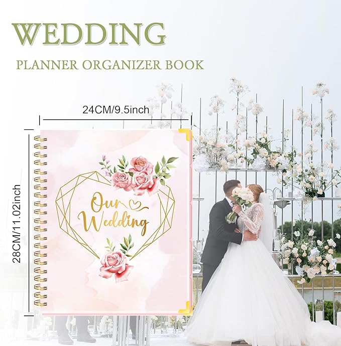 Wedding Planner For Bride-Bridal Wedding Planning binder With 5 Tabbed Sections+Wedding Countdown Calendar,Unique Engagement Gifts For Couples,Pink Love