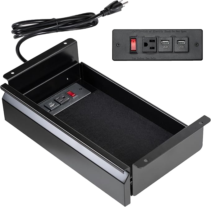VIVO 16 inch Under Desk Slide Out Drawer with Power Strip for Charging, Storage Organizer, Black, DESK-DR16-BP