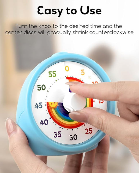BellMan Visual Timer with Pause Button, 60 Minute Countdown Rainbow Timer for Kids and Adults with Silent Operation, Study and Meetings Time Management Tool, for Home, Office and Gift, Light Blue