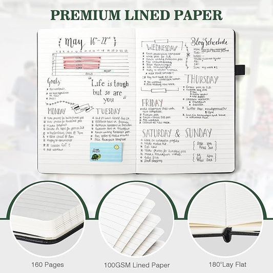 Lined Journal Notebook, 3 Pack A5 College Ruled Notebooks for Work, Hardcover Notebook Each with 2 Pockets & Pen, Leather Journal for Women, Men, 160 Pages, 100GSM Thick Paper (Blue, Black, Green)