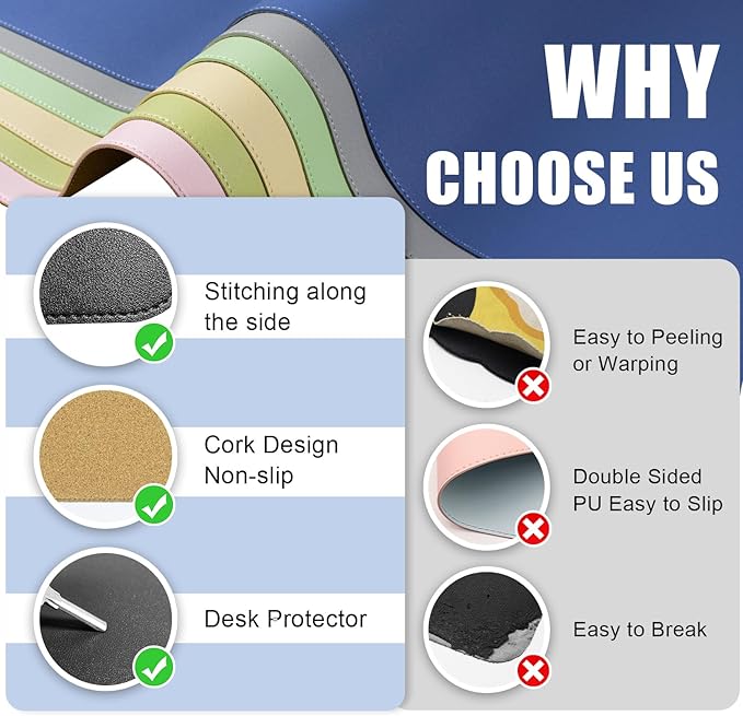 Large Desk Pad 35.4" x 17", Non-Slip Desk Mat with PU Leather & Natural Cork, Waterproof Writing Desk Natural Cork, Computer Mat Desk Protector for Office Home, Black