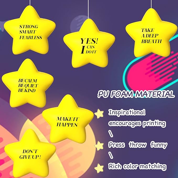 Chalyna 30 Pieces Motivational Star Stress Ball Quote Relief, 2.2 Inch PU Foam Stress Toys Bulk Sensory Star Toy Gifts for Kids Teens Adults Relieve Anxiety Party Supplies(Yellow)