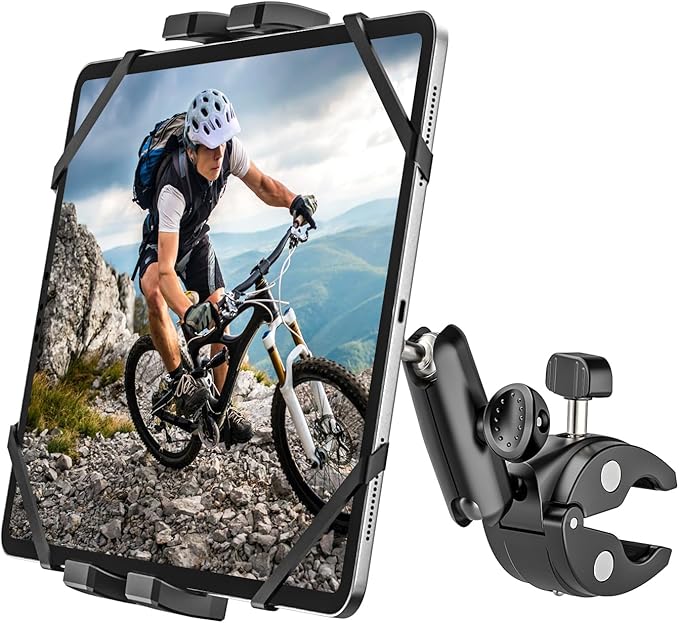 Motorcycle Bike Tablet Holder [Strong Stability & Durability] Bicycle Boat Stroller Gym Spin Bike Treadmill Tablet Mount Handlebar Clamp for iPad Pro Air Mini, Galaxy Tab, Kindle, Phone, 4-13"