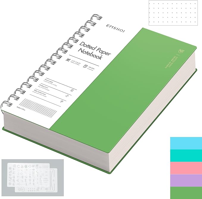 EMSHOI Spiral Dotted Notebook, Dot Grid Journal, 5.7"x8.22" A5 Size, 300 Pages/150 Sheets 100gsm Thick Paper, Waterproof Hardcover for Office, School, Work, Writing, Bullet Journaling (Green)