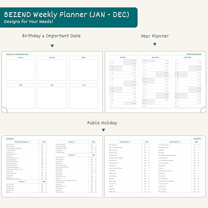 BEZEND 2026 Planner Weekly and Monthly (9" x 5.5") Horizontal Calendar Book with Vertical Hourly Timeslots & Note (Jan-Dec) Pen Holder, Inner Pocket, Casebound Vegan Leather Hardcover - Evergreen