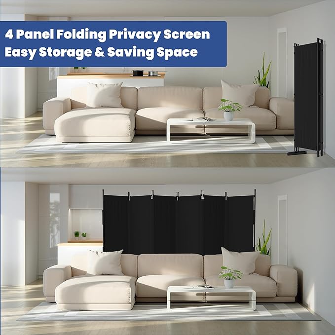 Room Divider, 6 Panel Upgraded Folding Privacy Screen, 132” Highly Secretive Separation with 4 Metal Feet, Partition Screen, Lightweight Freestanding Wall Divider Bedroom (Black)