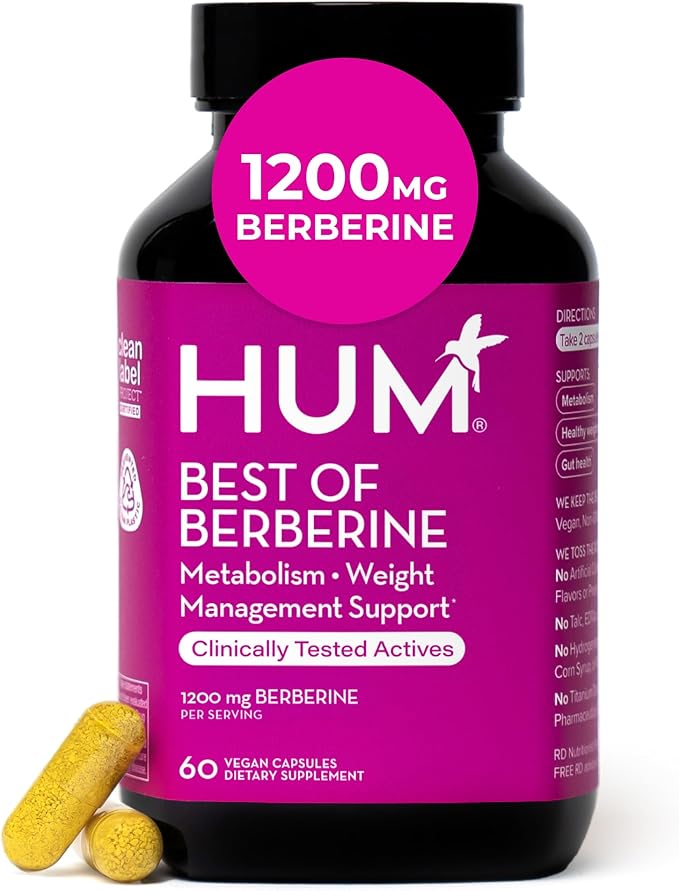 HUM Best of Berberine Supplement 1200mg, Pure Potency for Metabolic Wellness, Gut Health, Pure Berberine Supplements Enhanced with BioPerine for Maximum Absorption, 60 Capsules