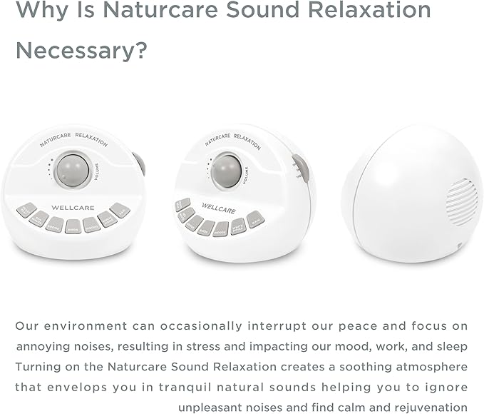 WELLCARE-Naturcare Sound Relaxation, White Noise, 7 Nature Sounds, Sleep Sound Machine, Calm Infants, for Baby, Kids, Adult. Stepless Volume, Timer, Powered by Adapter or Batteries(Both Not Incl.)