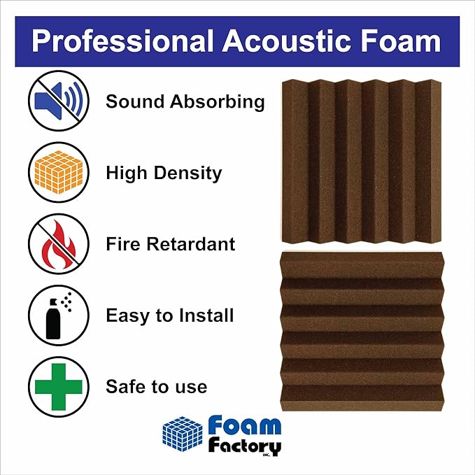Foam Factory Inc 24 Pack Color Acoustic Foam Panel Studio Soundproofing Wedge Wall Tiles 12” X 12” X 2” (Brown)