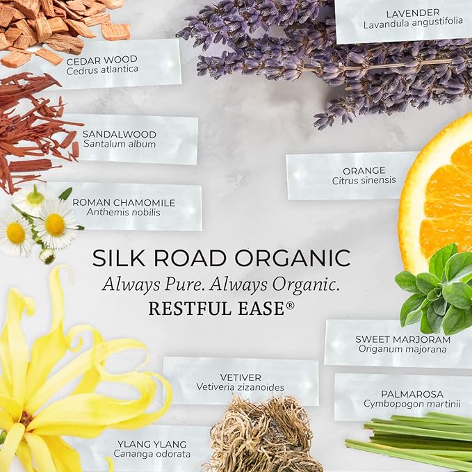 Silk Road Organic Restful Ease Essential Oil Sleep & Stress Blend - 100% Pure USDA Certified with Indian Sandalwood - Stress Ease Aromatherapy & Calming Relaxation - 10 ml Dropper