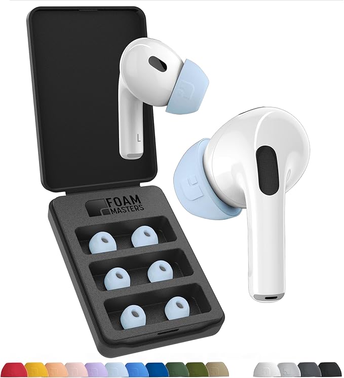 Foam Masters Ultra-Premium Memory Foam Ear Tips for AirPods Pro 1st & 2nd Gen | 3 Pairs | New Ver. | Secure Fit | Super Comfort | Better Noise Cancel | Replacement Buds (Medium, Light Blue)