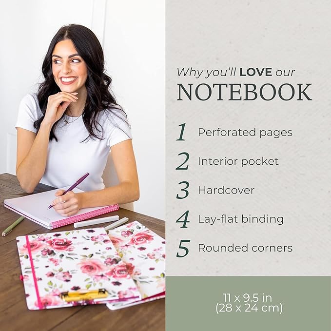 Steel Mill & Co Cute Large Spiral Notebook College Ruled, 11" x 9.5" with Durable Hardcover and 160 Lined Pages, Rose Floral