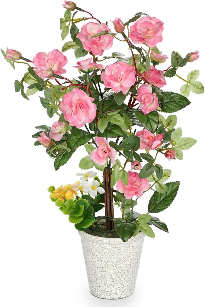 Hollyone Artificial Plants & Flowers in Vase Pink Camellia Roses Faux Flower Plant Arrangement with Pot Fake Rose Flowers Home Decor Office Bathroom Shelf Desk Table Decoration