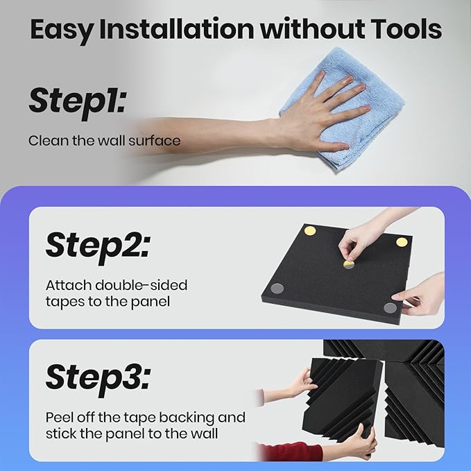 16 Pack DIY Creative Art Decor Acoustic Foam Panels 2" x 12" x 12" Sound Proof Foam Panels Soundproofing Noise Cancelling Wedge Panels with 90PCS Reusable Double-Side Adhesive Dots