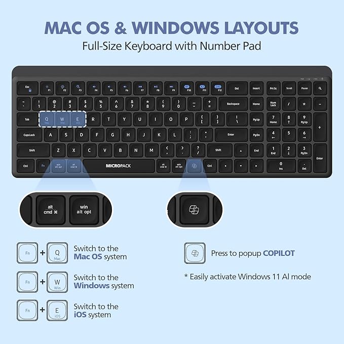 Wireless Keyboard and Mouse Combo for Desktop Mac iPad Bluetooth 2.4 Ghz Rechargeable Silent Click with Number Pad Black Compatible with Pc, Laptop, Tablet (Black)