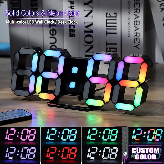KOSUMOSU LED Digital Clock Neon Clock 9.7" Black Gaming Clock RGB LED Wall Clock for Living Room Desk Clock Large Display Clock for Bedroom, Black Clock with Dimming