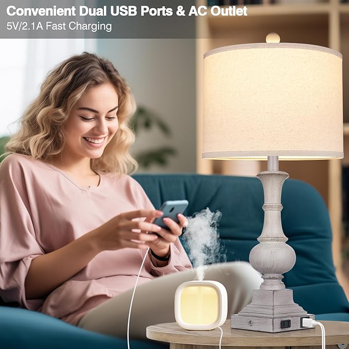 26" Farmhouse Lamp with 2 USB Ports & AC Outlet, Vintage Rustic Touch Control Bedside Lamp, Resin 3-Way Dimmable Nightstand Lamp Fabric Shade for Living Room Bedroom Decor Gray(LED Bulb Included)