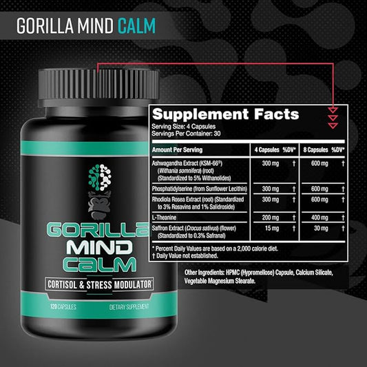 Gorilla Mind Calm (120 Capsules) - Potent Relaxation & Stress Reduction | Cortisol & Stress Modulator | Enhanced Recovery