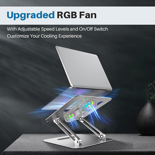 Adjustable Laptop Cooling Stand with 2 Quiet Fans & RGB Lighting, Aluminum Alloy & Foldable Ergonomic Design for MacBook, Lenovo, ASUS, Dell 10-16 Inch, Perfect for Gaming, DJ, Office - Silver