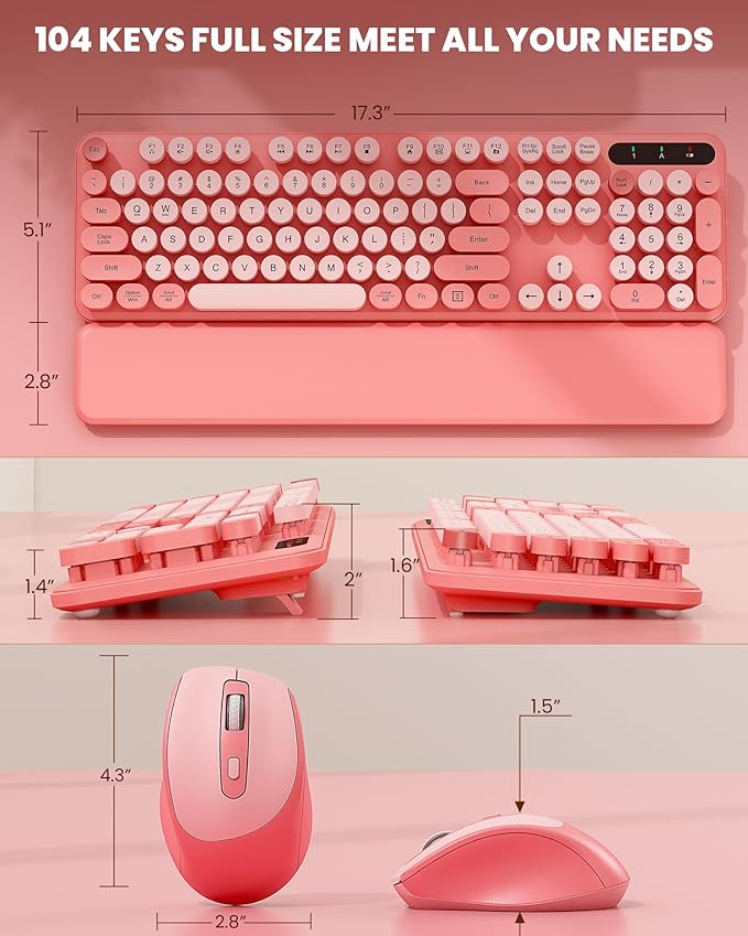 Wireless Keyboard and Mouse - Cute Round Keycaps, Detachable Wrist Rest, Full-Size Retro Typewriter Keyboard with Tilt Legs, 2.4G Wireless Combo for Women, PC, Laptop, Windows - Trueque (Blush Pink)