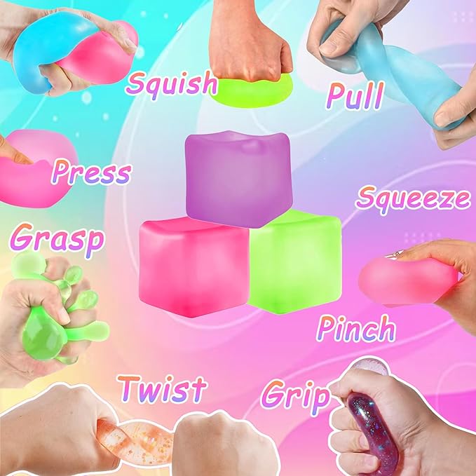 3Pcs Stress Cube Squishy Toys, Slow Rising Ice Cube Stress Balls, Sensory Fidget Toys for Anxiety Relief, Sensory Ice Nee Cube Gel Filled Squishy Ball Toys for ADD/ADHD Kids Adults(Purple,Green,Pink)