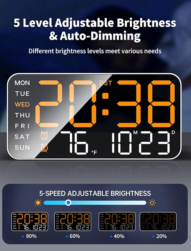 MASHI 8.4''Large Digital Wall Clock, Led Alarm Clock with Big Digits, Date, Temperature, DST, Modern Decor Design for Desk,5-Level Brightness for Room, Bedroom, Gift, Yougster and Elderly