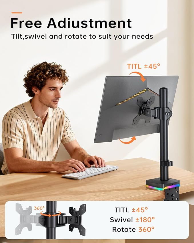 RGB Single Monitor Stand, Monitor Desk Mount Arm up to 17.6lbs Desk Mount with RGB Light Adjustable Heights Angles Arm with RGB USB & USB-C High Speed Data Transfer C-Clamp 75x75/100x100 VESA