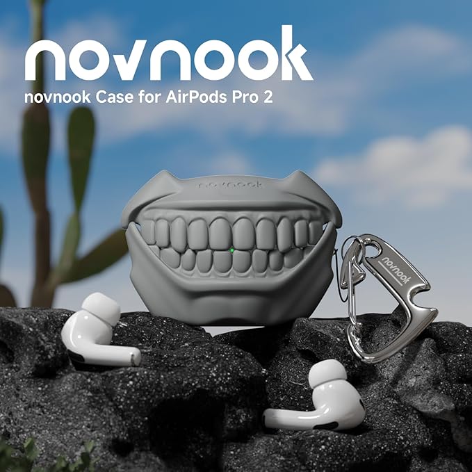 for AirPods Pro 2nd Generation Case, Unique Funny Teeth Design, Soft Silicone Shell, Compatible with Wireless Charging (Rock Gray)