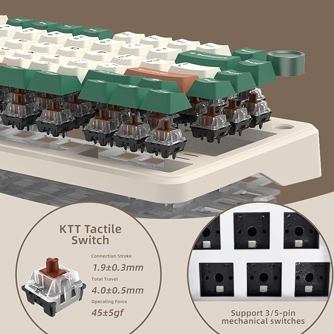 75% Retro Green Wired Hot Swappable Mechanical Keyboard with Metal Knob | Mount Gasket | Programmable RGB Backlit & Adjustable Side Light (KTT Brown Switch)