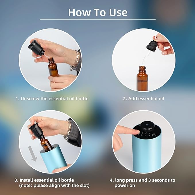 Waterless Essential Oil Diffuser Battery Operated Cordless Aromatherapy Diffuser with Timing & 3 Mist Levels car Diffuser， Aluminum Alloy