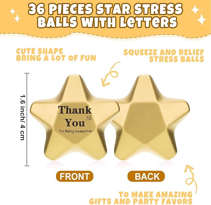 Deekin 36 Pieces Star Stress Balls Mini Foam Ball Stress Relief Toys for Teens and Adults Student Bag Fillers, Gold(Thank You,1.6 Inch)