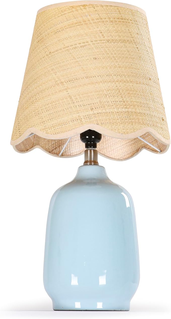 Pia Ricco 19" Modern Ceramic Table Lamp for Living Room Light Bule Base Desk Lamps for Bedroom Farmhouse Bedside Nightstand Lamp End Table Lamps,Bule,Rattan Shade